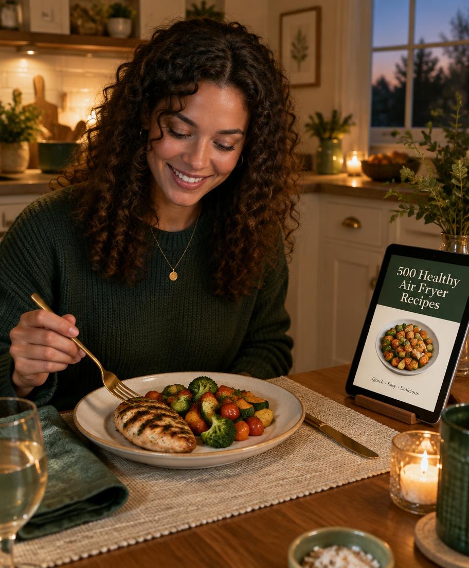 Woman enjoying a wholesome air fryer dinner with the ebook beside her